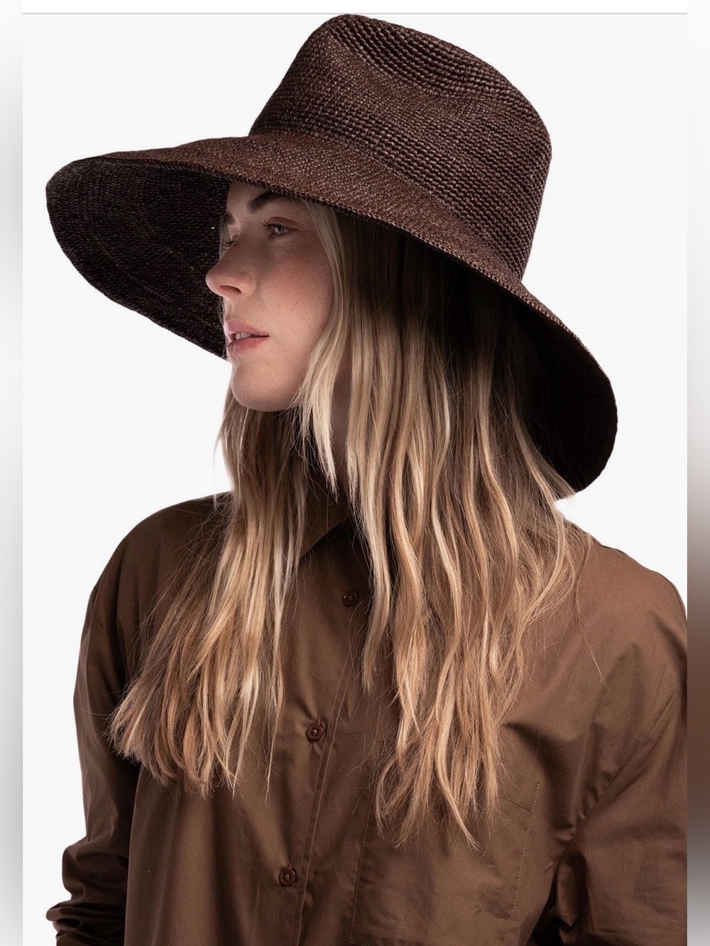 Janessa Leone Waverly Packable Wide-Brim Straw Hat in Chocolate Brown